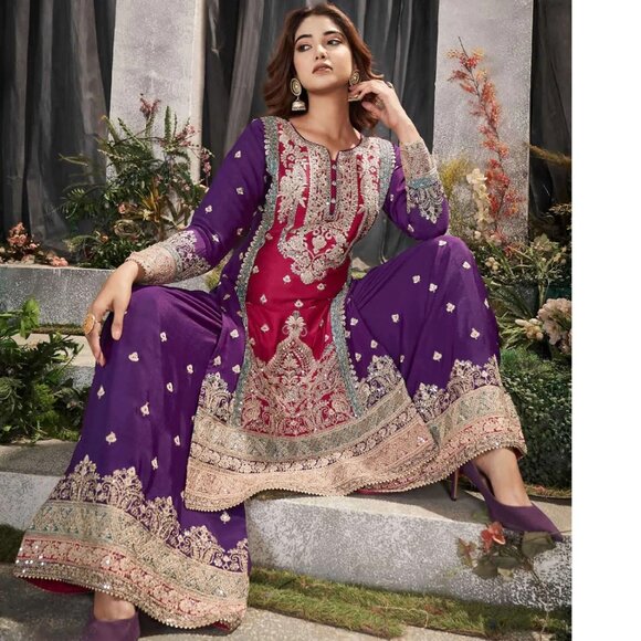Pakistani  Party Wear Vibrant Pink Multicolor Mirror Embroidered Palazzo Suit - Picture 2 of 4